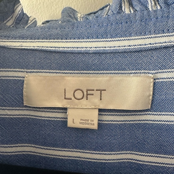 LOFT Blue and White Striped Ruffle Trim Shirt - Picture 4 of 7